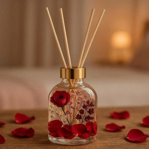 26 Rose Petal Reed Diffuser with Real Dried Flowers Inside Decorative Bottle for Romantic Bedroom Ambiance and Gift for Her